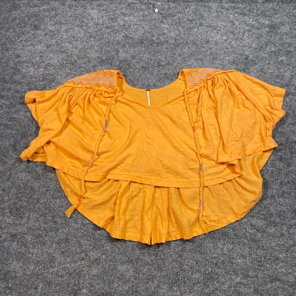 Free People Orange‎ Embroidered Boho Peplum Top Tassel Ties XS OB410530